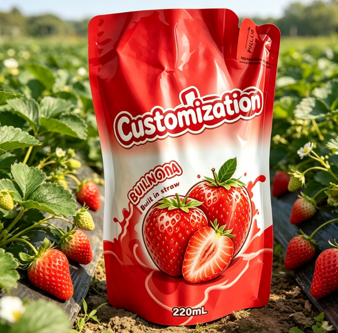 Custom Printed Built-in Straw Pouches 220ml For Juice Fruit Puree Drinks