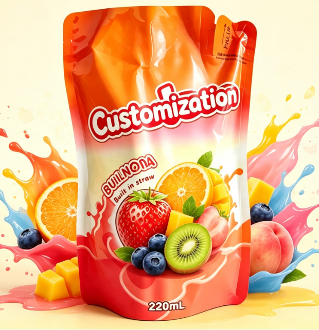 220ml Mixed Fruit Juice Built-in Straw Pouches Custom Printed Beverage Packaging Bags