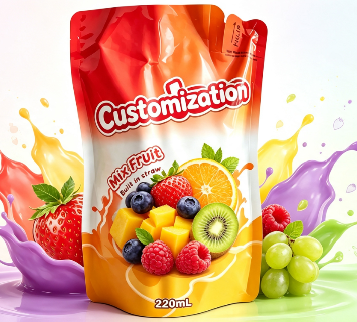 220ml Mixed Fruit Juice Built-in Straw Pouches Custom Printed Beverage Packaging Bags
