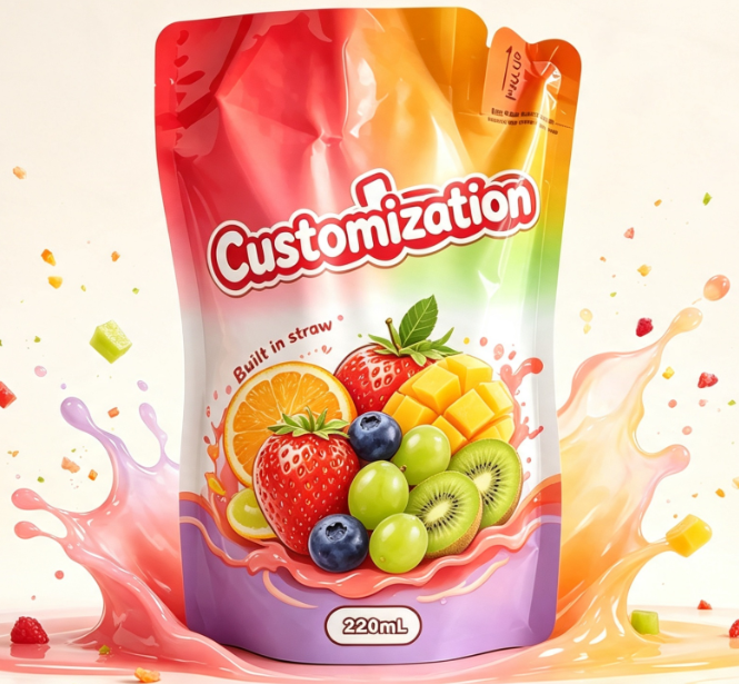 220ml Mixed Fruit Juice Built-in Straw Pouches Custom Printed Beverage Packaging Bags