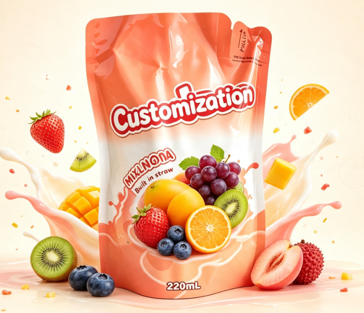 220ml Mixed Fruit Juice Built-in Straw Pouches Custom Printed Beverage Packaging Bags