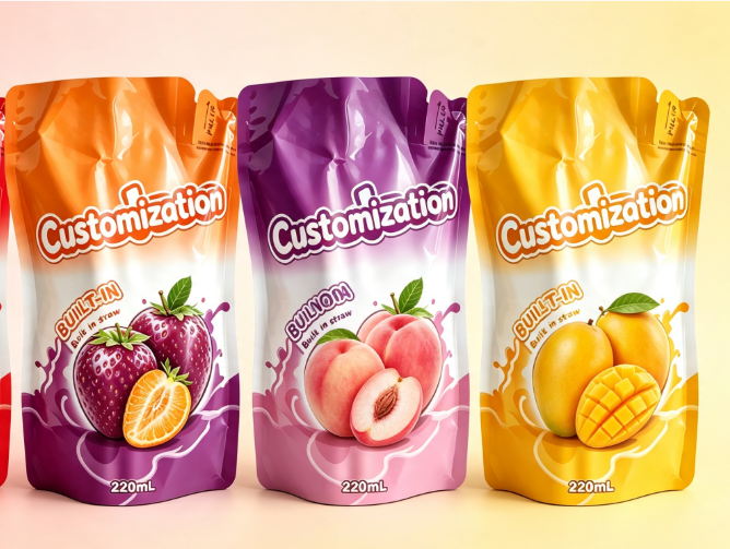 Multi Flavors 220ml Built-in Straw Squeeze Pouches Custom Fruit Puree & Juice Packaging Bags