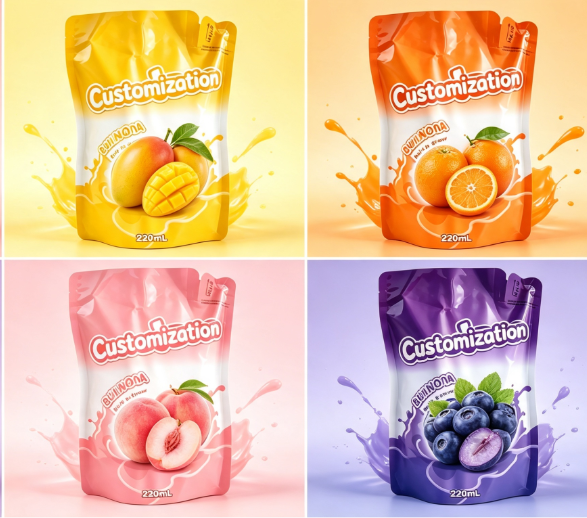 Multi Flavors 220ml Built-in Straw Squeeze Pouches Custom Fruit Puree & Juice Packaging Bags