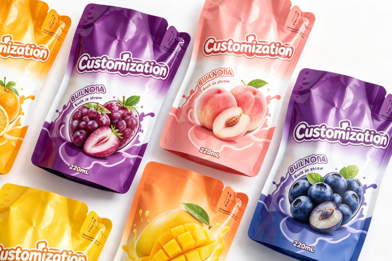 Multi Flavors 220ml Built-in Straw Squeeze Pouches Custom Fruit Puree & Juice Packaging Bags