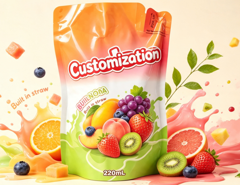 220ml Mixed Fruit Juice Built-in Straw Pouches Custom Printed Beverage Packaging Bags