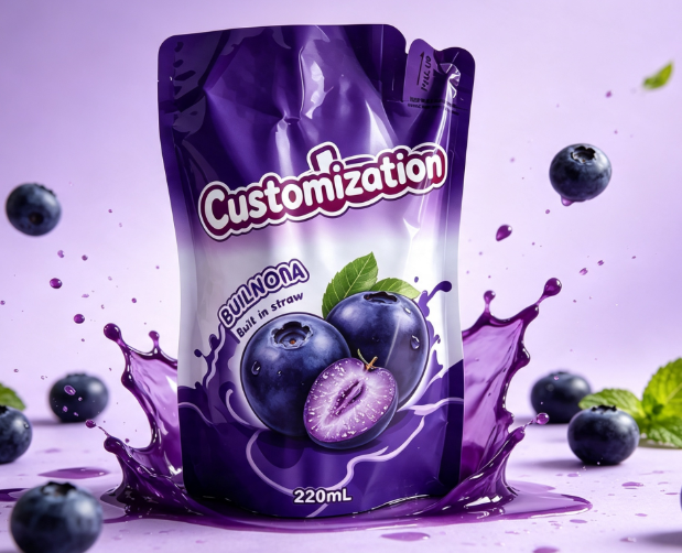 Multi Flavors 220ml Built-in Straw Squeeze Pouches Custom Fruit Puree & Juice Packaging Bags