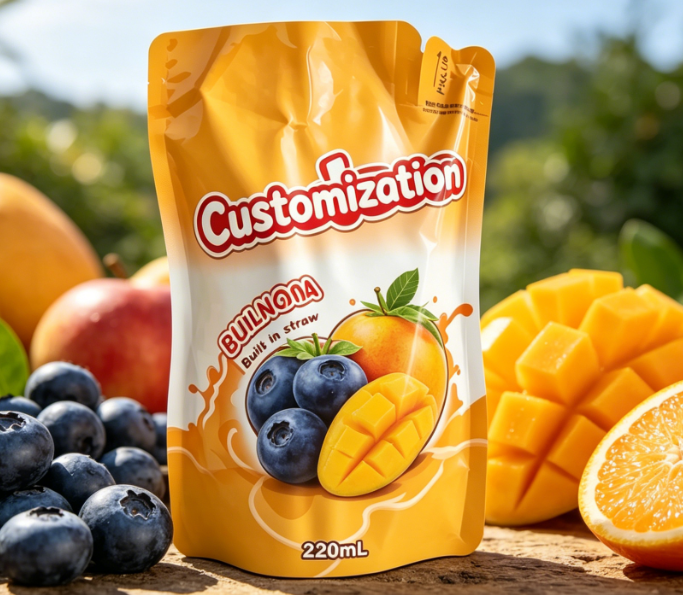 220ml Mango Fruit Puree Built-in Straw Pouches Custom Printed Drink Packaging Bags